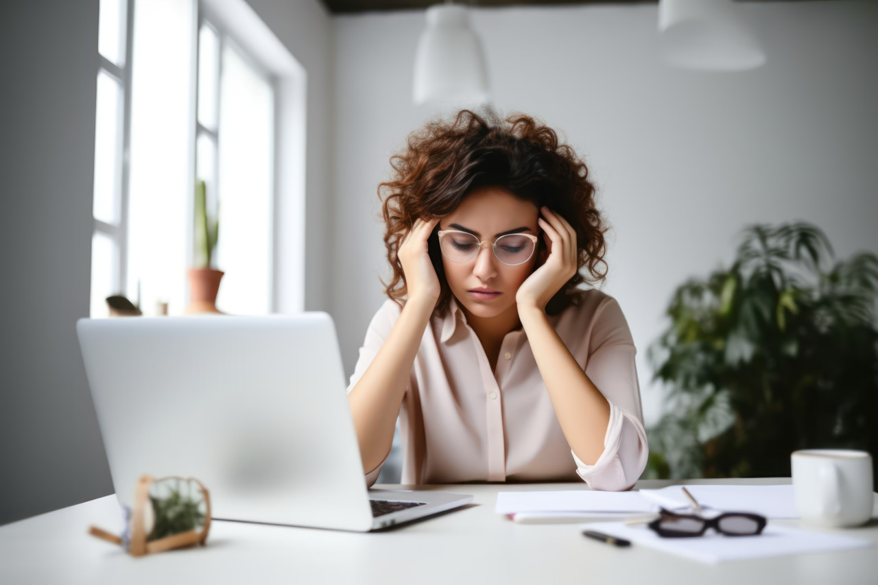 Woman entrepreneur dealing with a headache at her desk, financial difficulties picture