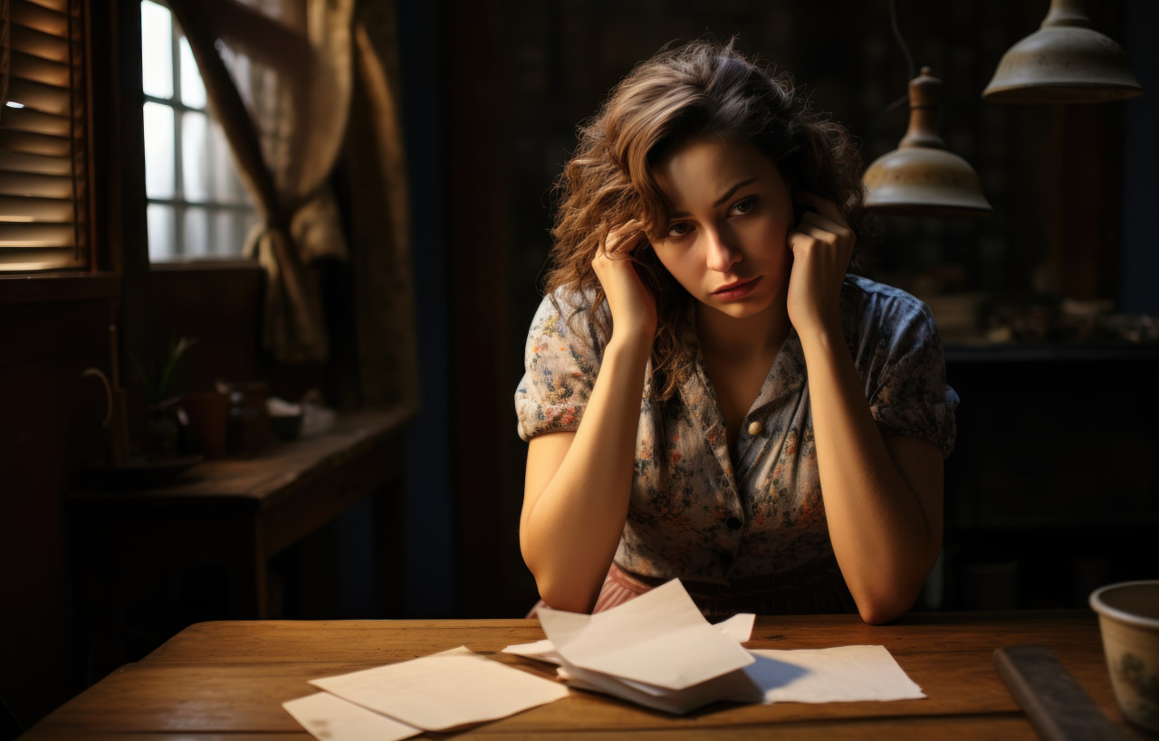 A woman visibly in pain holds her head while gripping a letter conveying discomfort and anguish at her desk, financial difficulties concept
