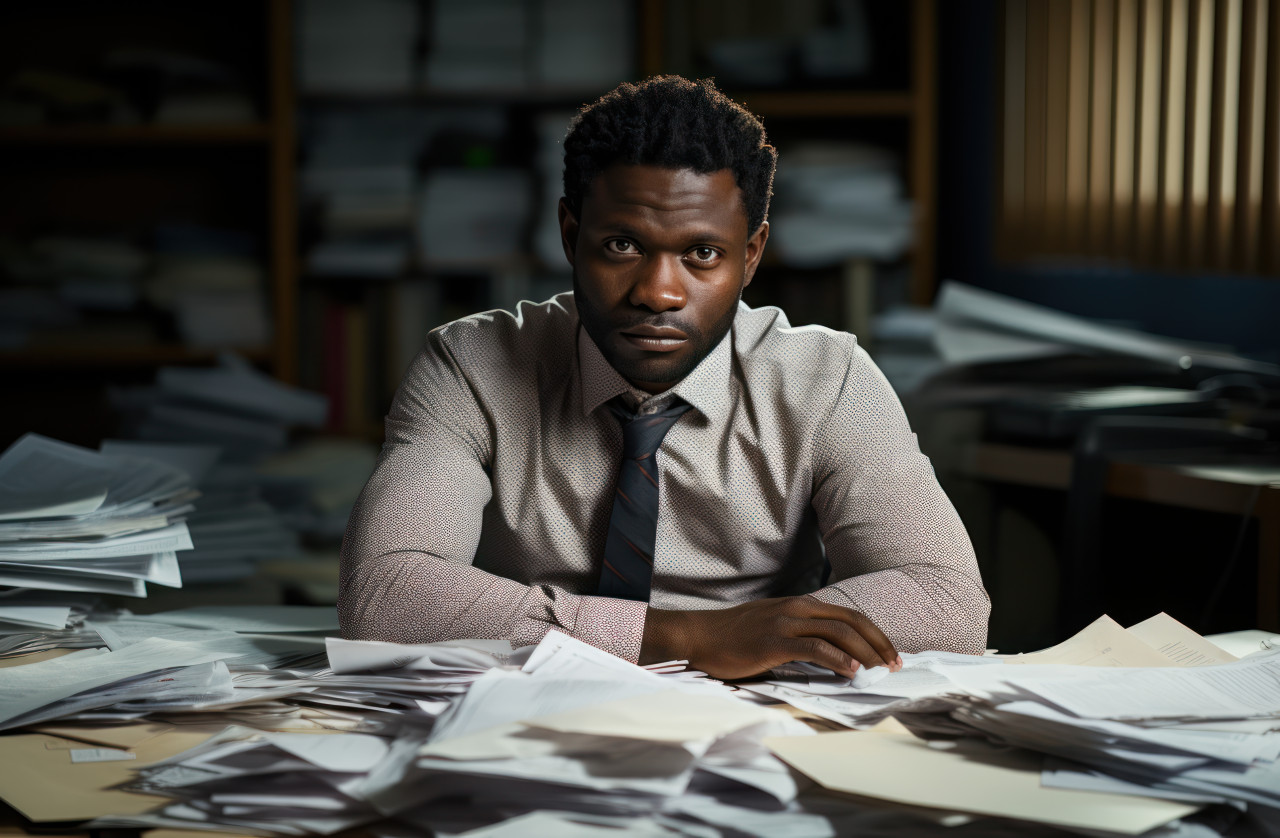 Office desk scene with african man focused on work, financial difficulties concept