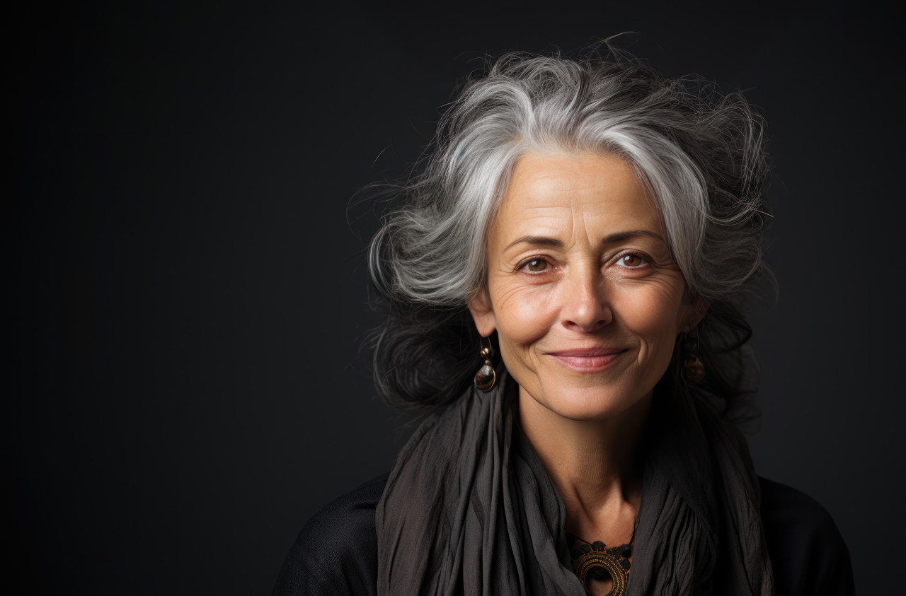 Grey haired woman gracefully poses for a portrait radiating charm and embracing her authentic self, age acceptance concept