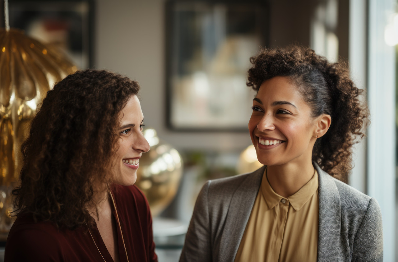 Office conversation between entrepreneur and female client, mental health acceptance photo