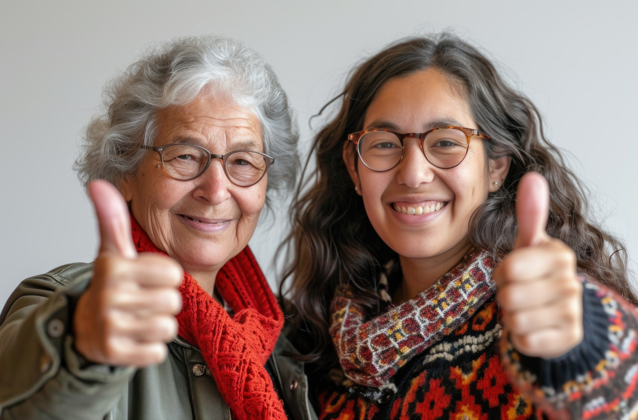 Two joyful women giving a positive thumbs up gesture against a simple white backdrop, acceptance concept