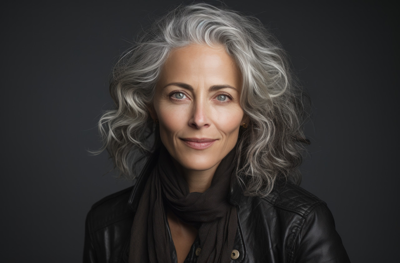 Stylish older woman poses against a neutral grey backdrop, neurodiversity acceptance photo