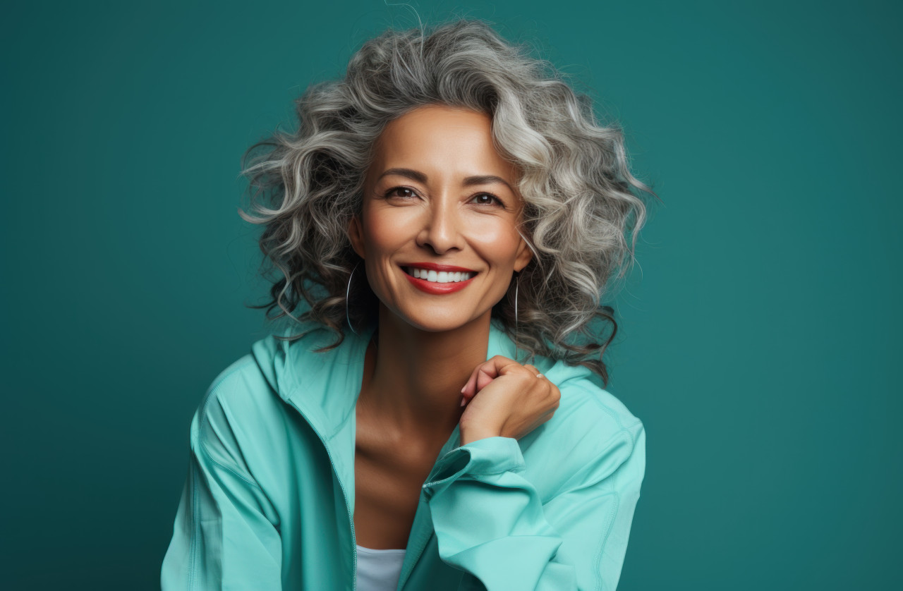 An attractive senior woman in athletic wear striking a pose against a turquoise backdrop, age acceptance photo