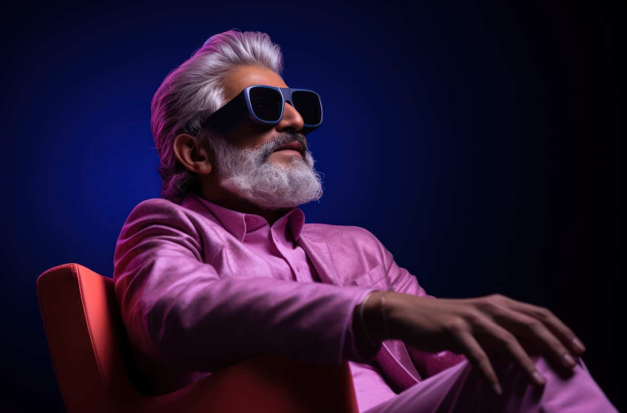 A senior man,wearing grey glasses and sitting in a chair on pink background, age acceptance photo