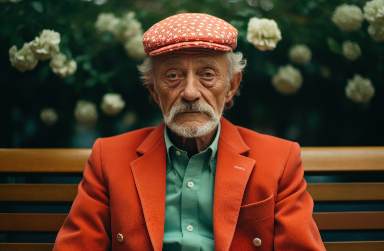 Serene scene as an elderly man finds relaxation on a park bench amidst nature tranquility, age acceptance photo