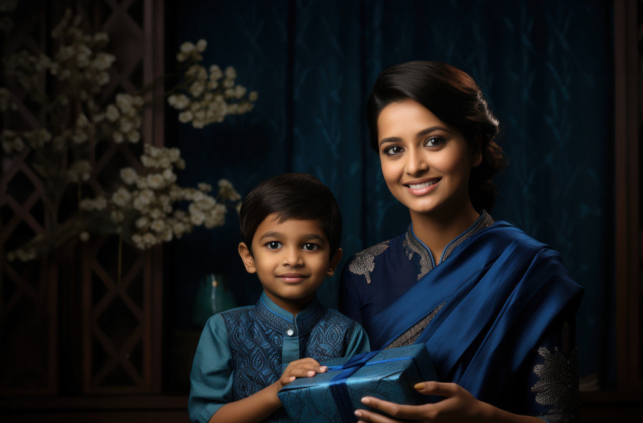 A mother and son, both adorned in beautiful blue saris, age acceptance concept