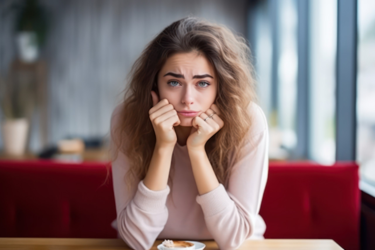 Woman in cafe looking forlorn anticipating someone presence, rejection and breakups acceptance photo