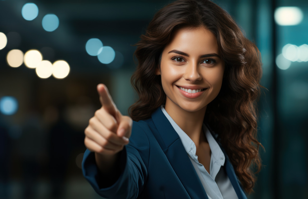 A lady confidently reveals her face emphasizing a point with a direct finger gesture, openness acceptance photo