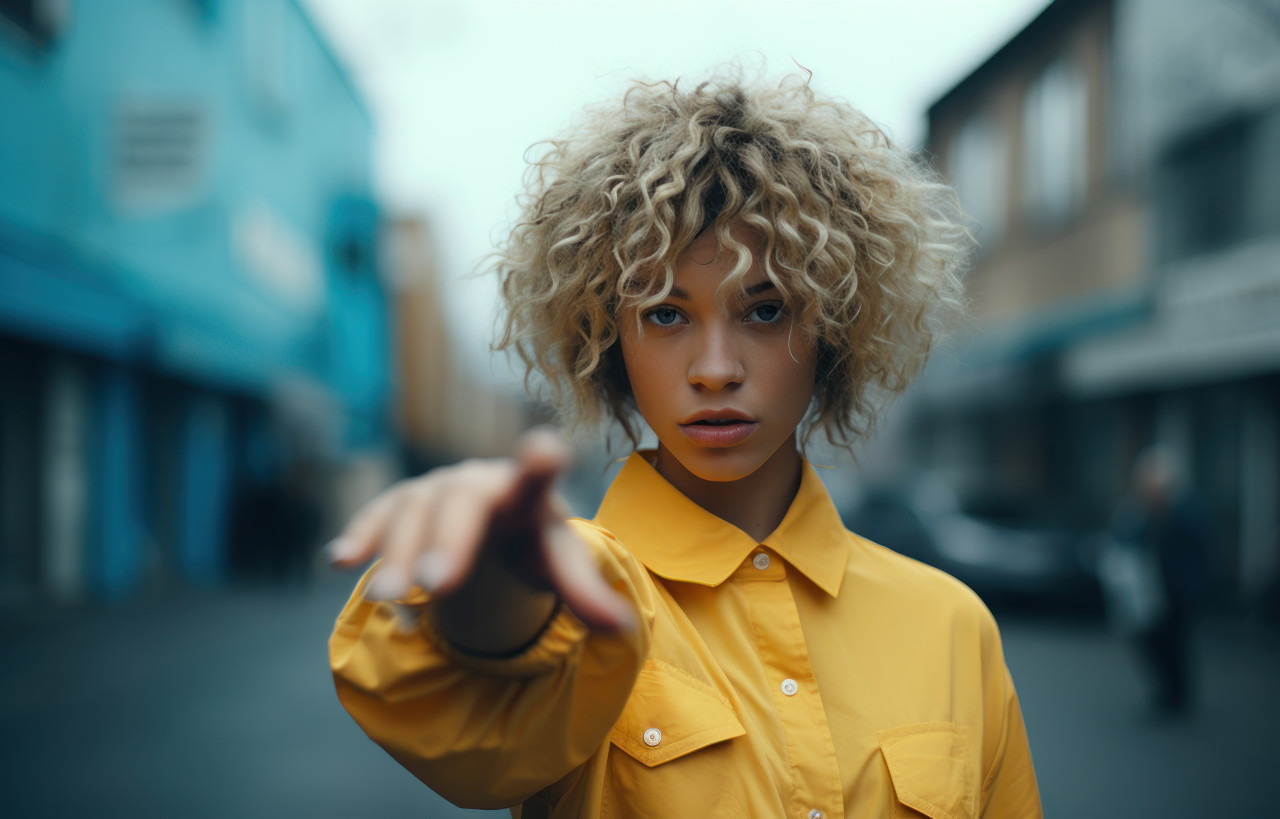 Confident woman pointing directly at the camera while striking a pose on the street, openness acceptance photo