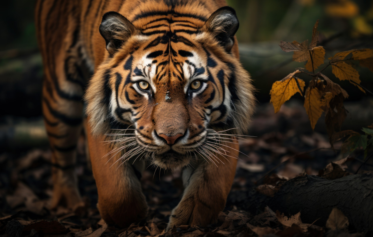 Majestic tiger in the forest making eye contact with the camera, majestic big cats concept