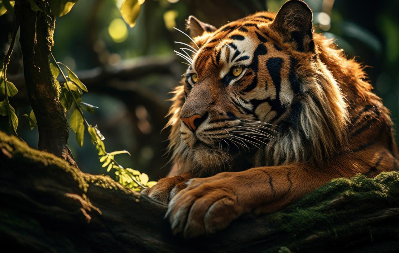 Majestic tiger resting peacefully in the jungle, majestic big cats photo