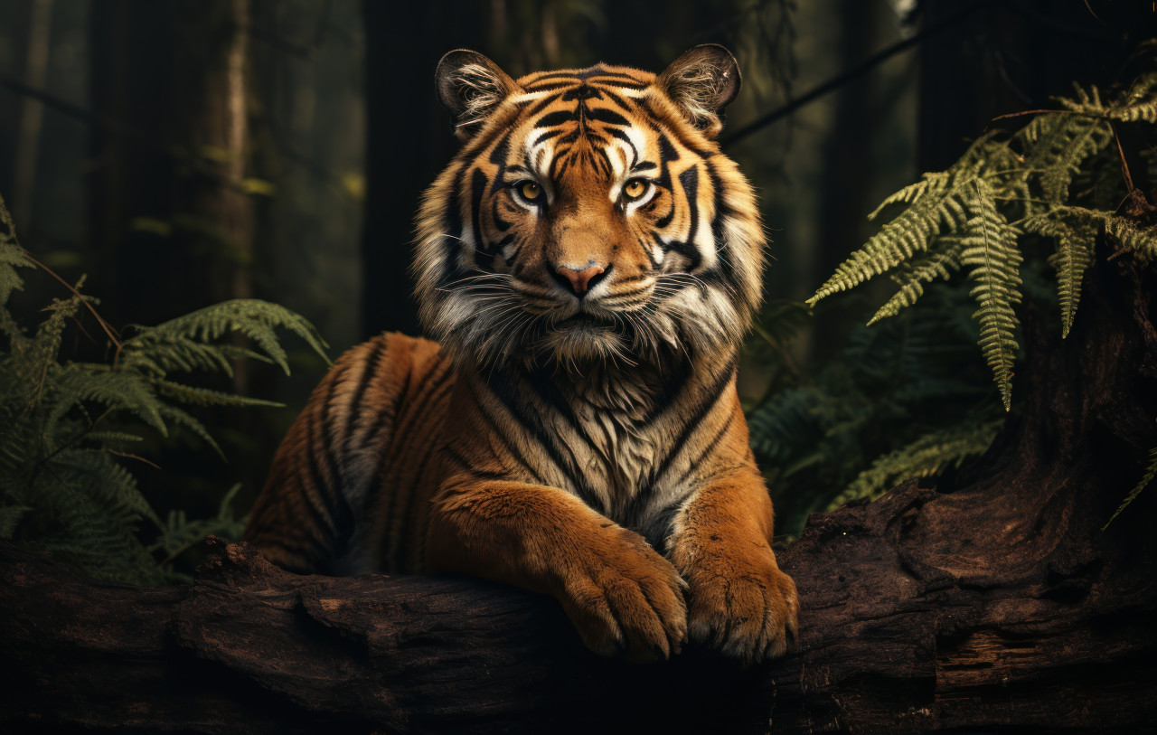 Tiger sitting on stump in the trees, majestic big cats picture