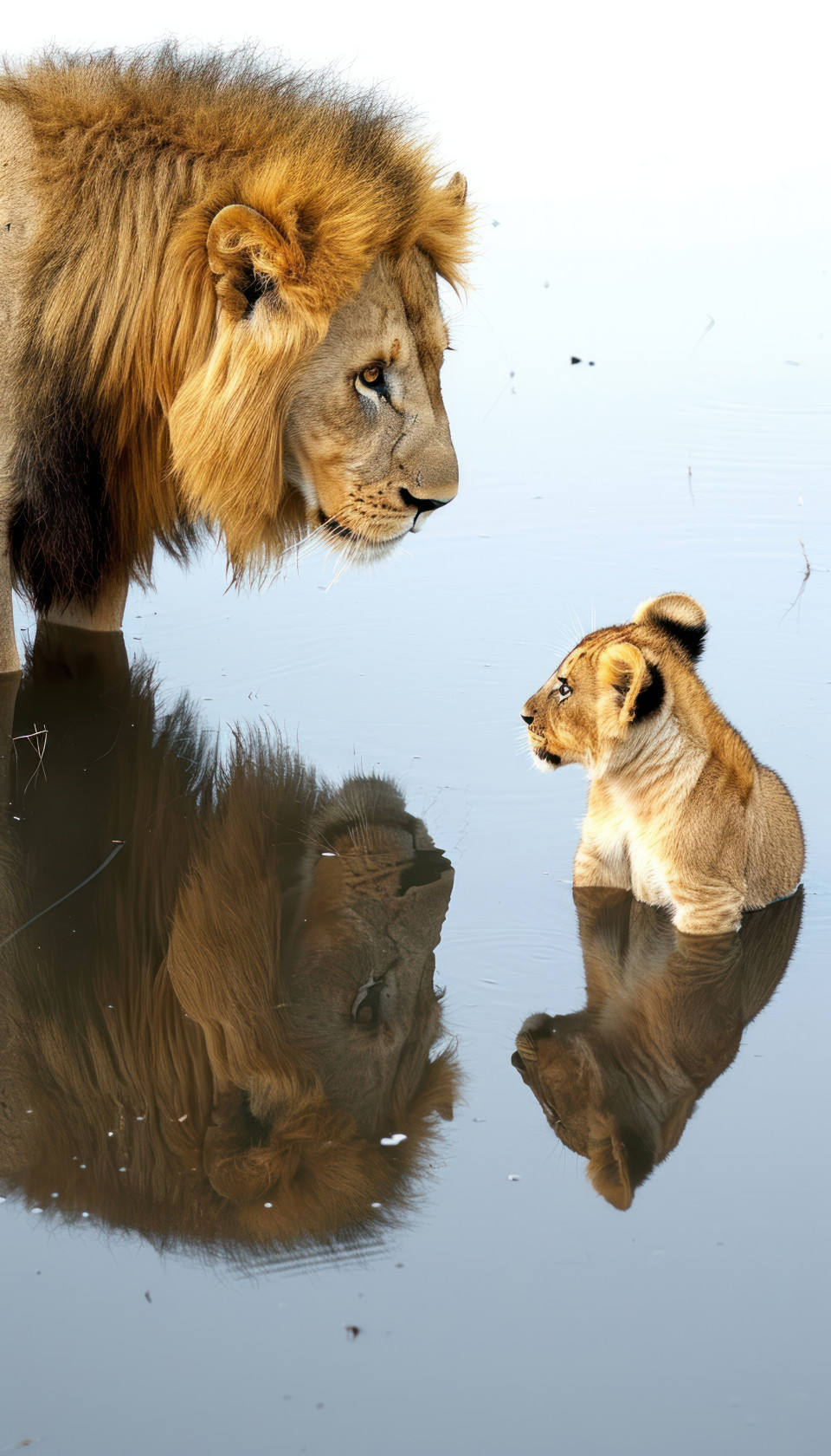 A curious lion cub gazes at the majestic reflection of an adult lion, majestic big cats photo