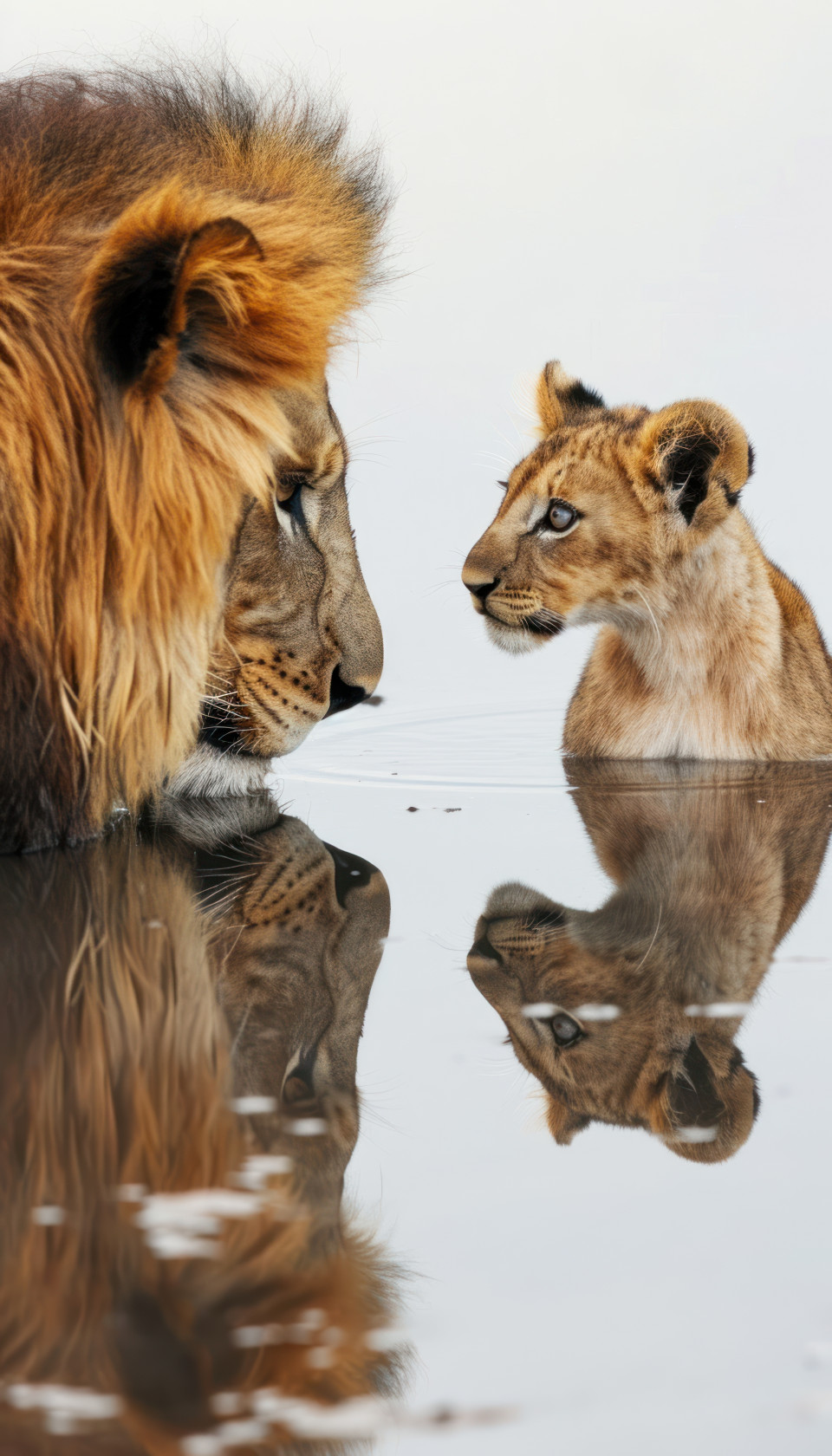 Curious lion cub gazes at reflection of majestic adult lion in calm water, majestic big cats picture