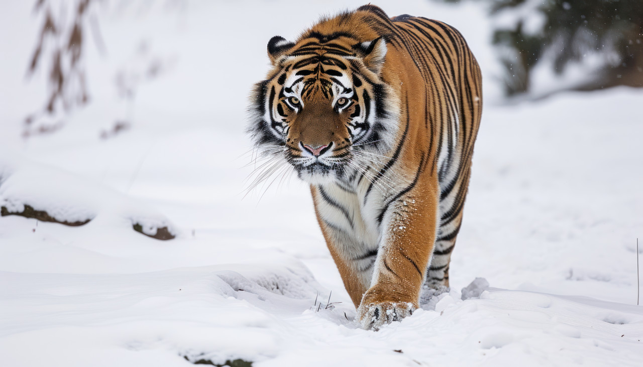 A magnificent siberian tiger gracefully moves through a snowy landscape, majestic big cats concept