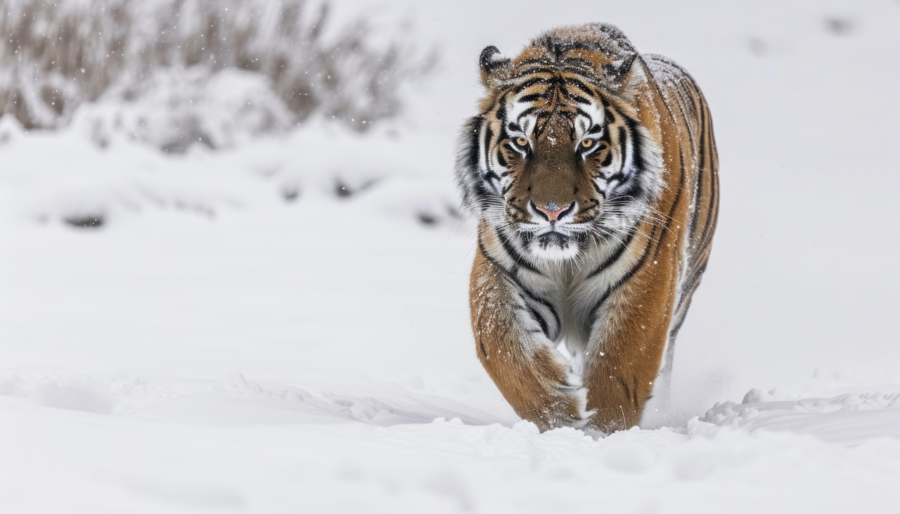 Majestic siberian tiger gracefully strolls through the snow covered landscape, majestic big cats picture