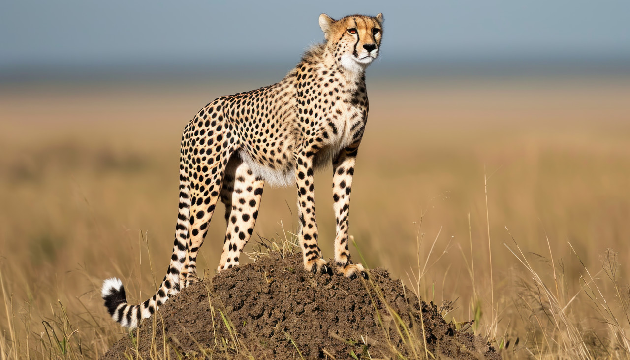 Confident cheetah standing on termite mound in the savannah surveying surroundings with grace and poise, majestic big cats picture