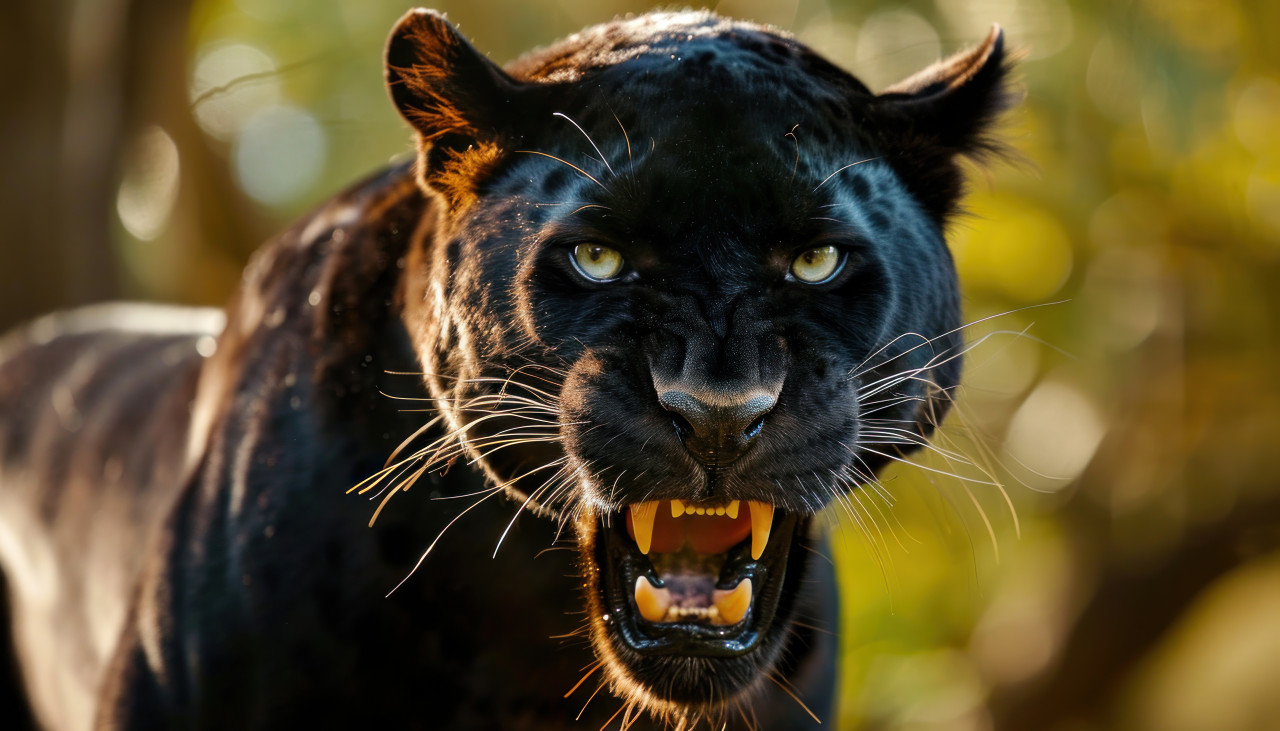 Afierce black panther captures attention with an intense growl, majestic big cats photo