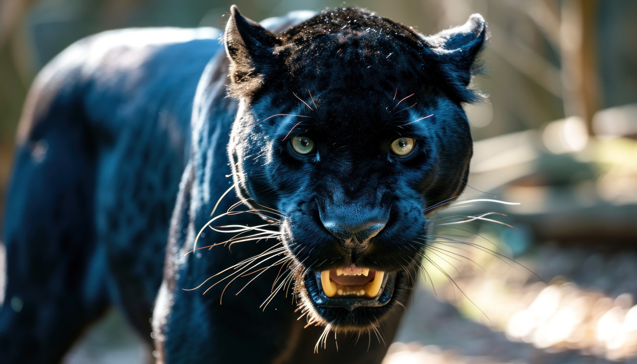 Black panther growling intensely showcasing its powerful presence in the wild, majestic big cats picture