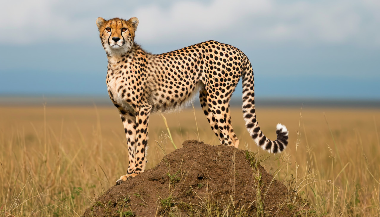 Majestic cheetah atop termite mound in the wild exuding confidence as it observes the vast savannah landscape, majestic big cats concept