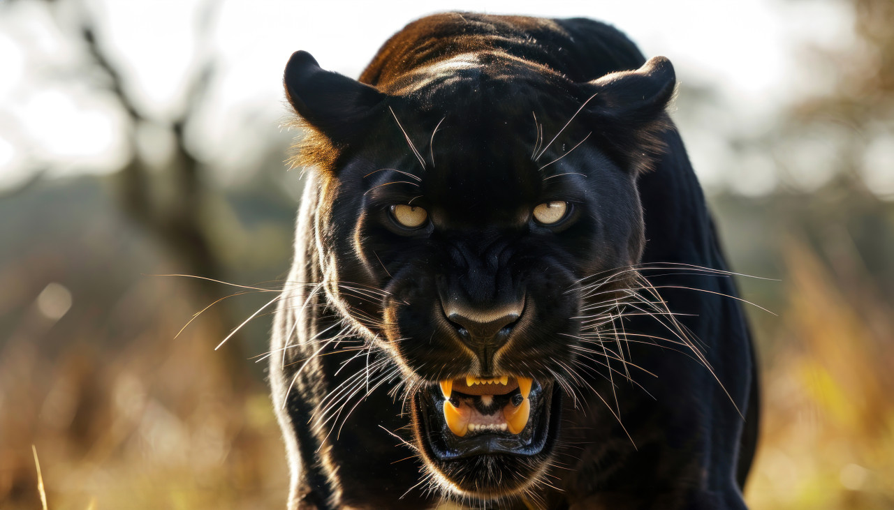 Intense growling black panther captured in a wild head shot, majestic big cats concept