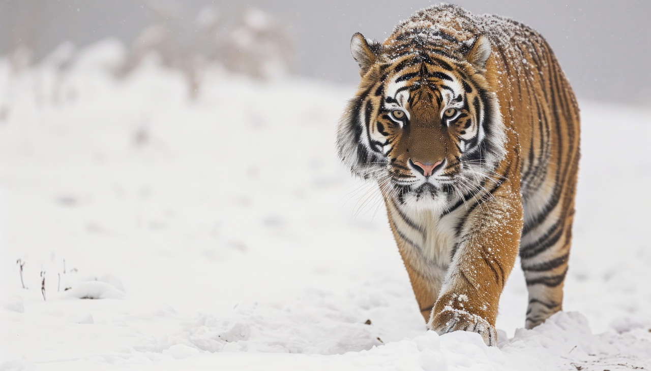 A powerful siberian tiger leisurely walks through the snowy terrain, majestic big cats photo