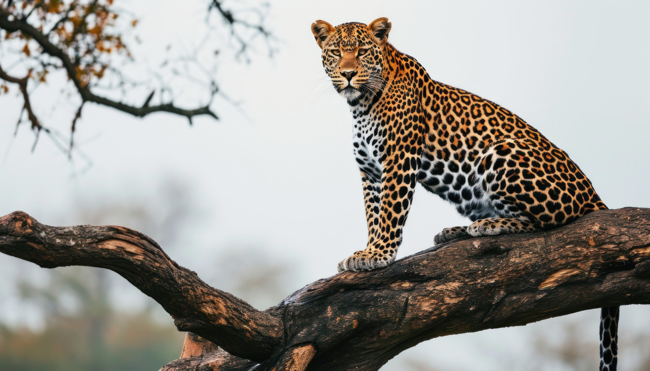 Majestic leopard lounging on a tree branch in the wild, majestic big cats concept