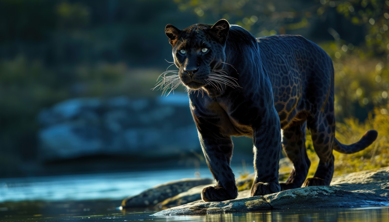 A majestic black panther stands confidently by the water, majestic big cats concept