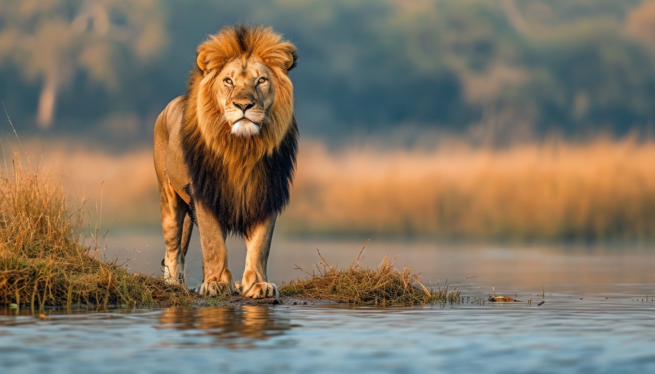 Majestic lion proudly stands near the water, majestic big cats concept