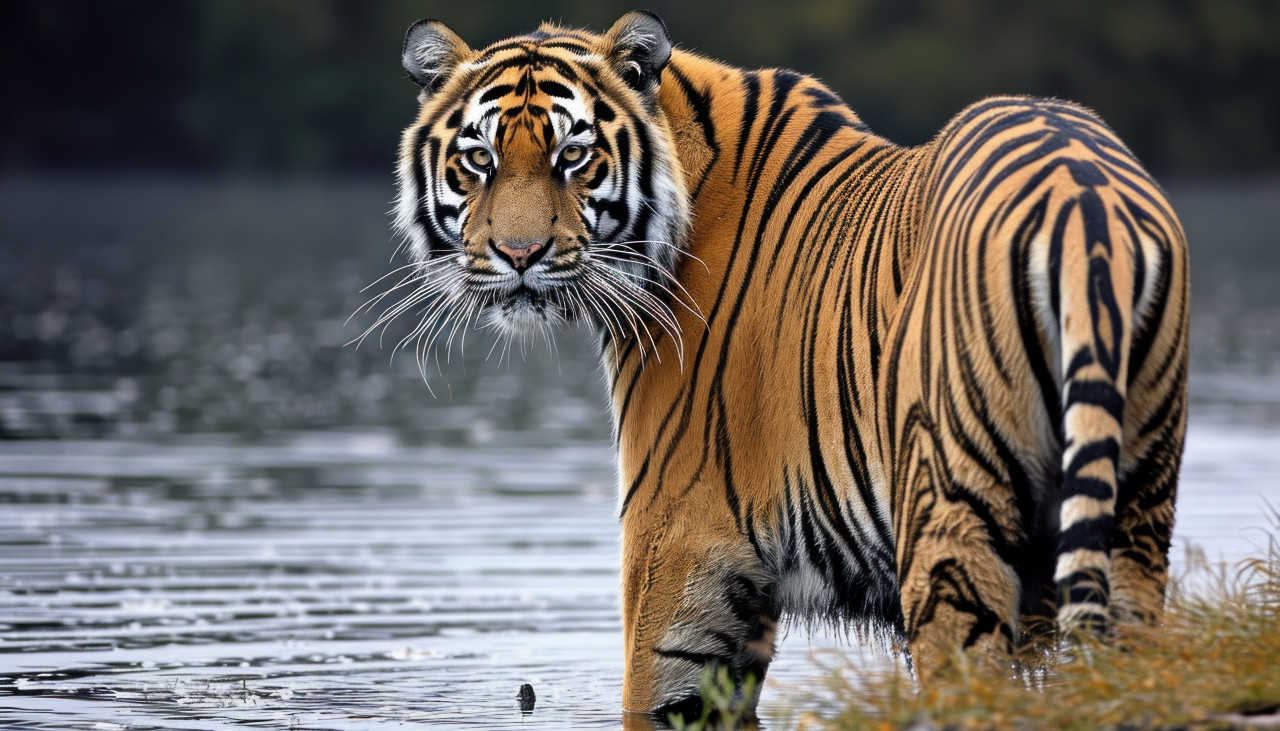 A magnificent tiger stands proudly near the water, majestic big cats photo
