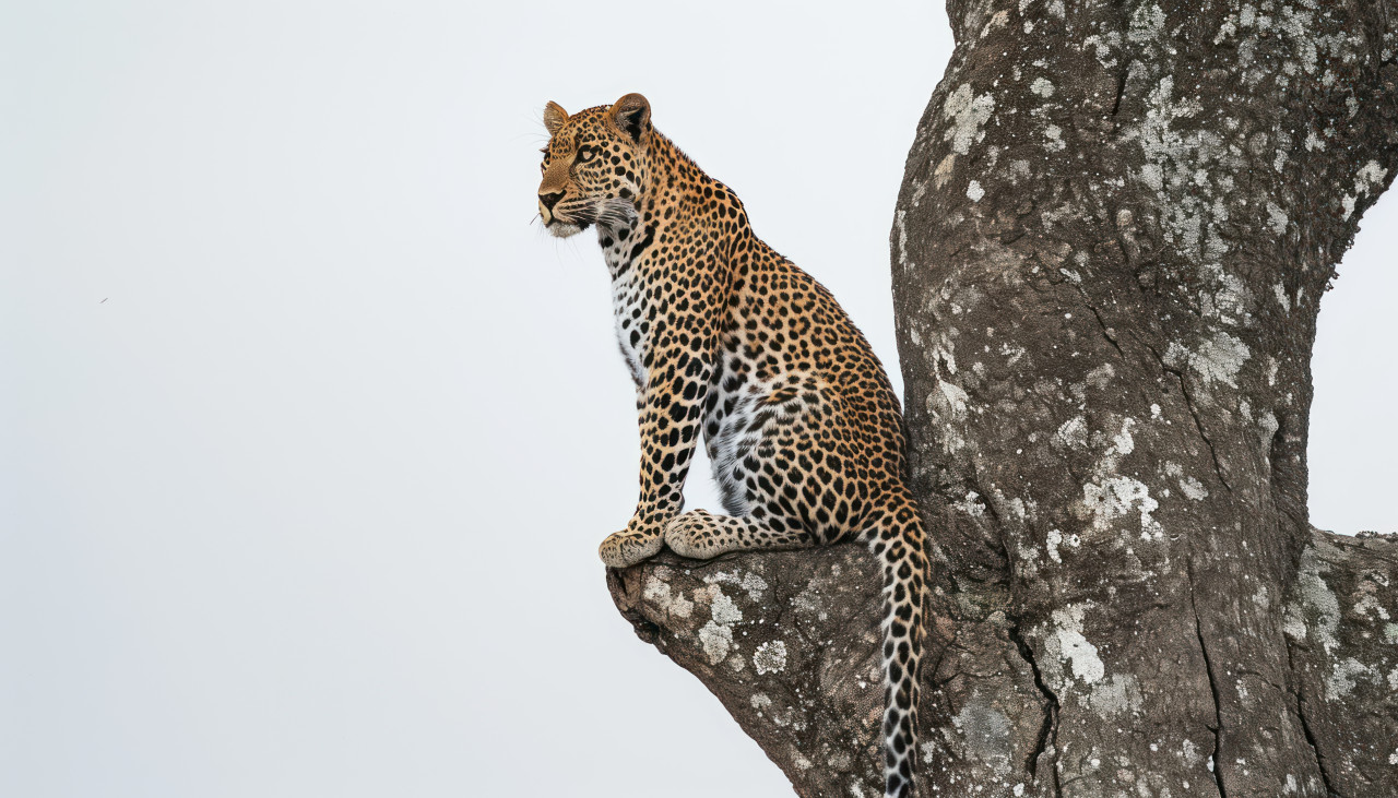 Majestic leopard perched on a tree observing its surroundings in the wild jungle habitat, majestic big cats photo
