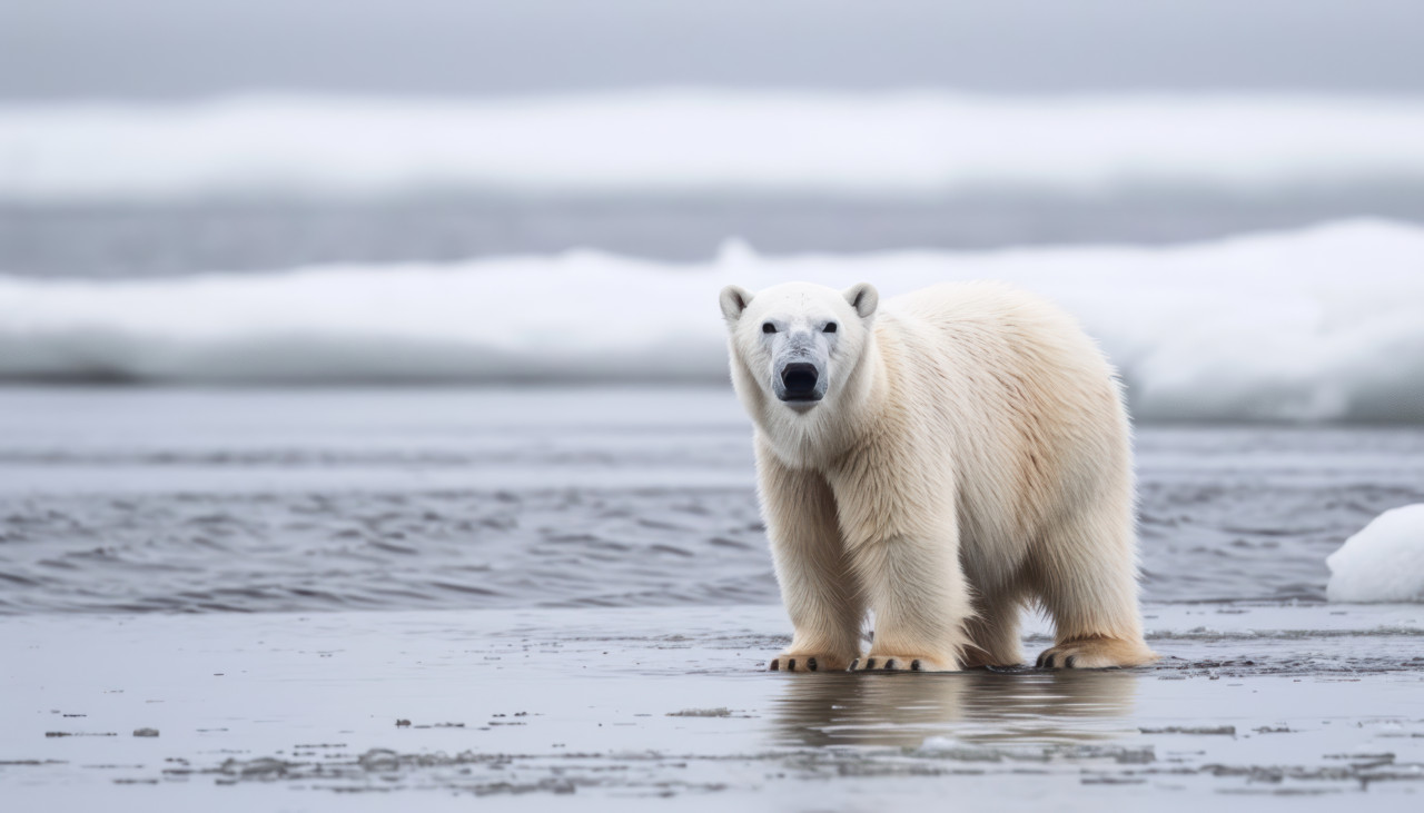 A polar bear by the water at the lake, baby animals concept