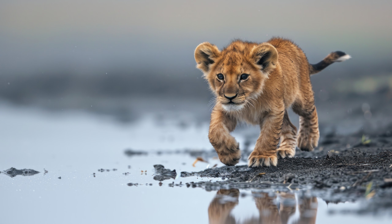 Adorable baby lion strolls near water, baby animals concept