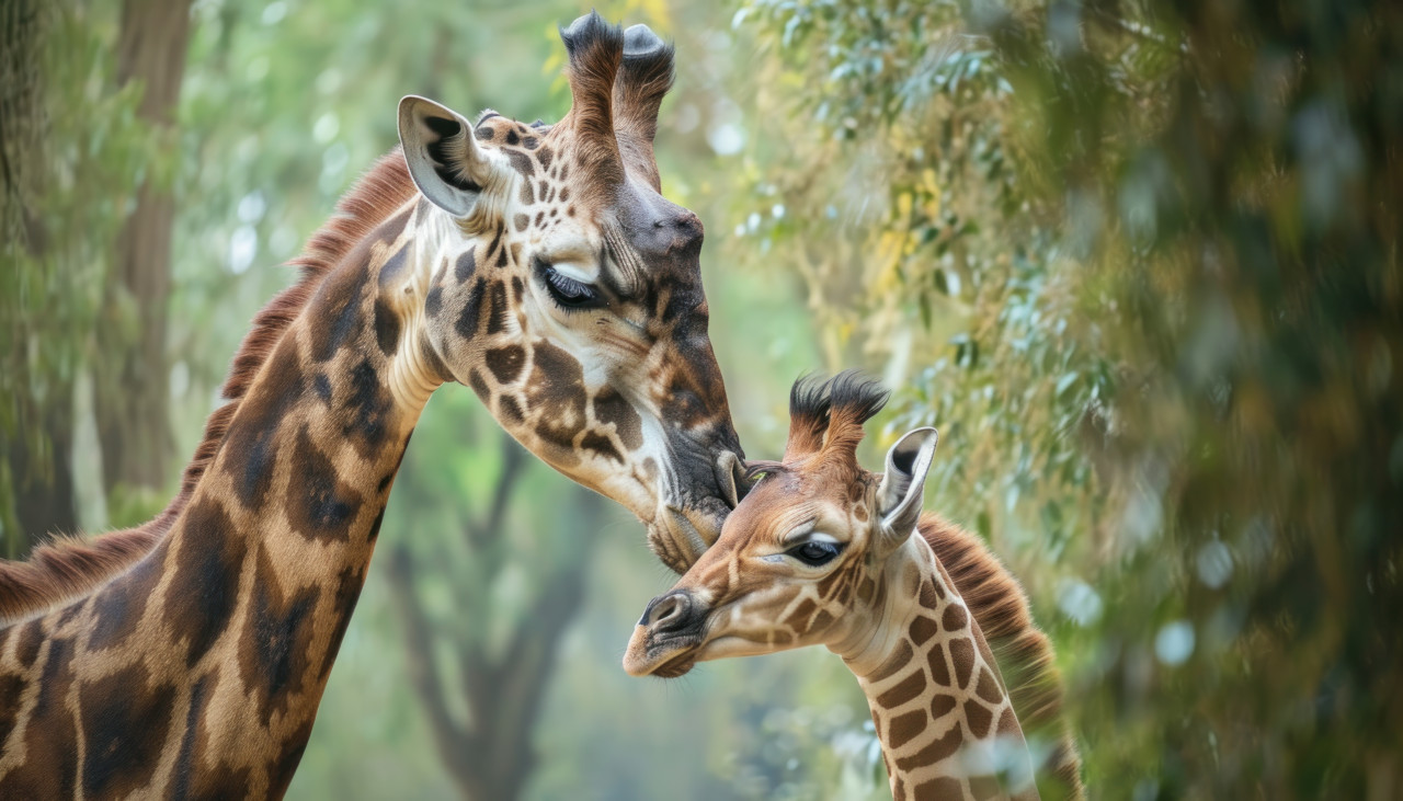 A giraffe mother cares for her calf, baby animals concept