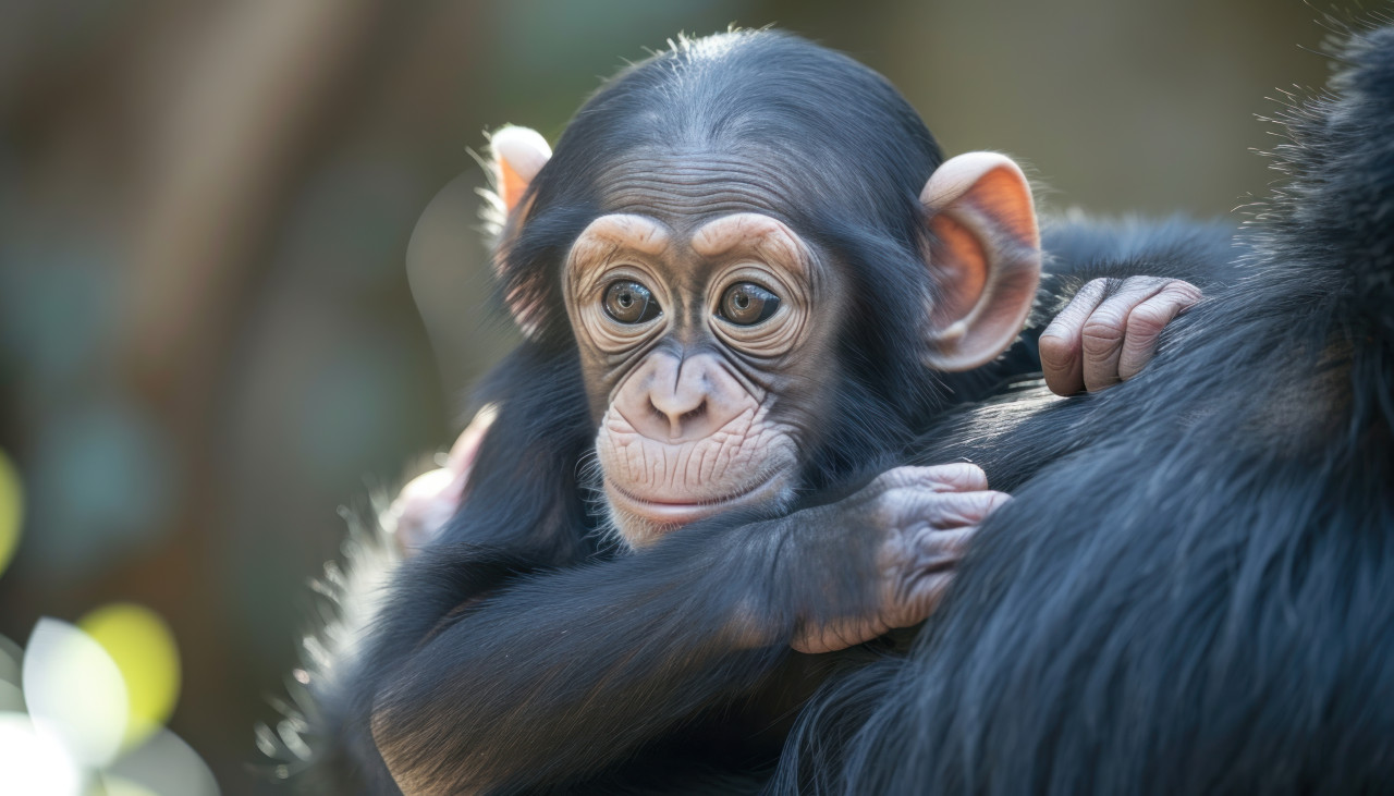 Playful chimpanzee infant enjoying a playful moment with its watchful mother in the jungle, baby animals photo