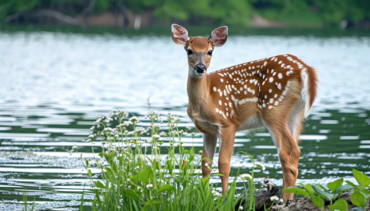 Fawn standing by the water edge at the lake, baby animals photo
