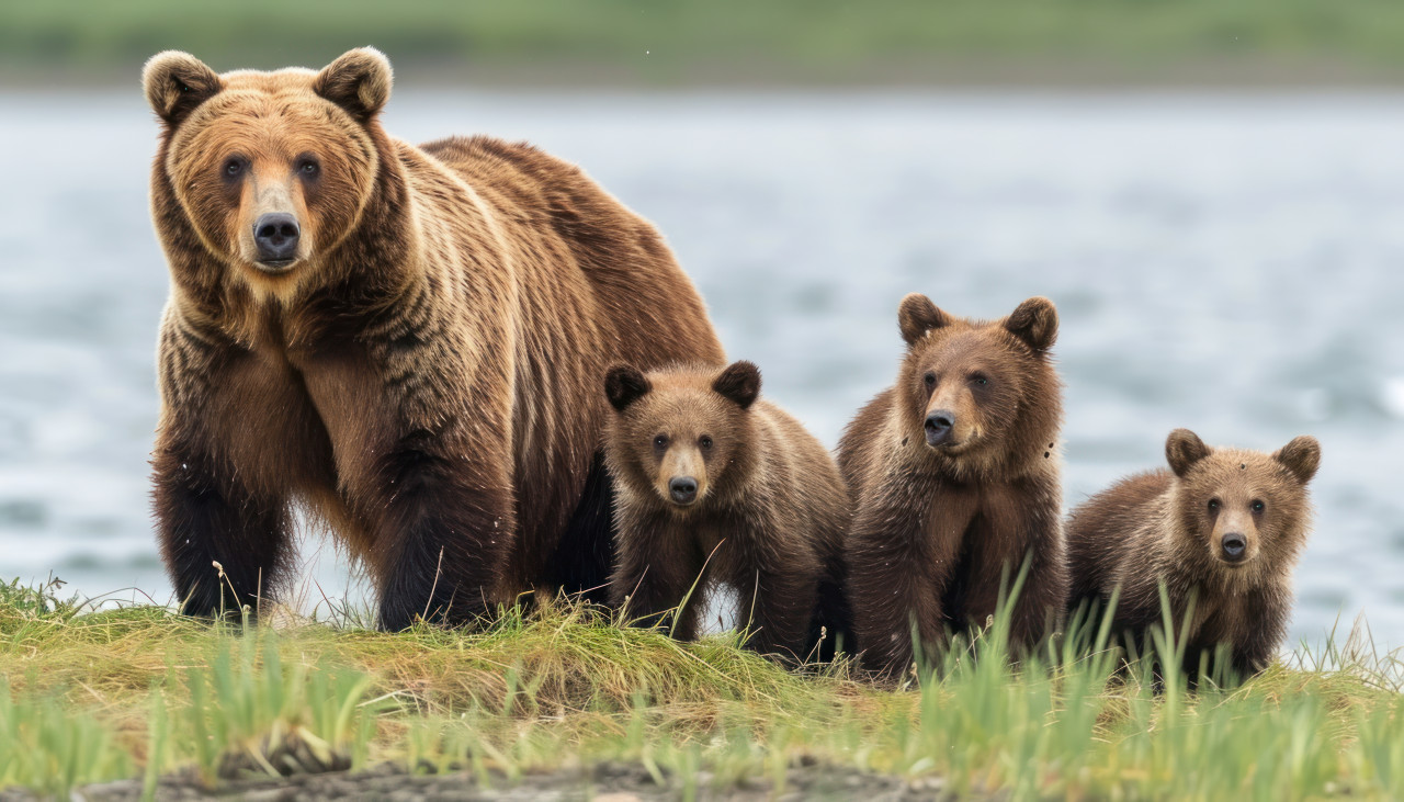 A brown bear sow and her adorable cubs frolic in the grass by the water edge at lake, baby animals concept
