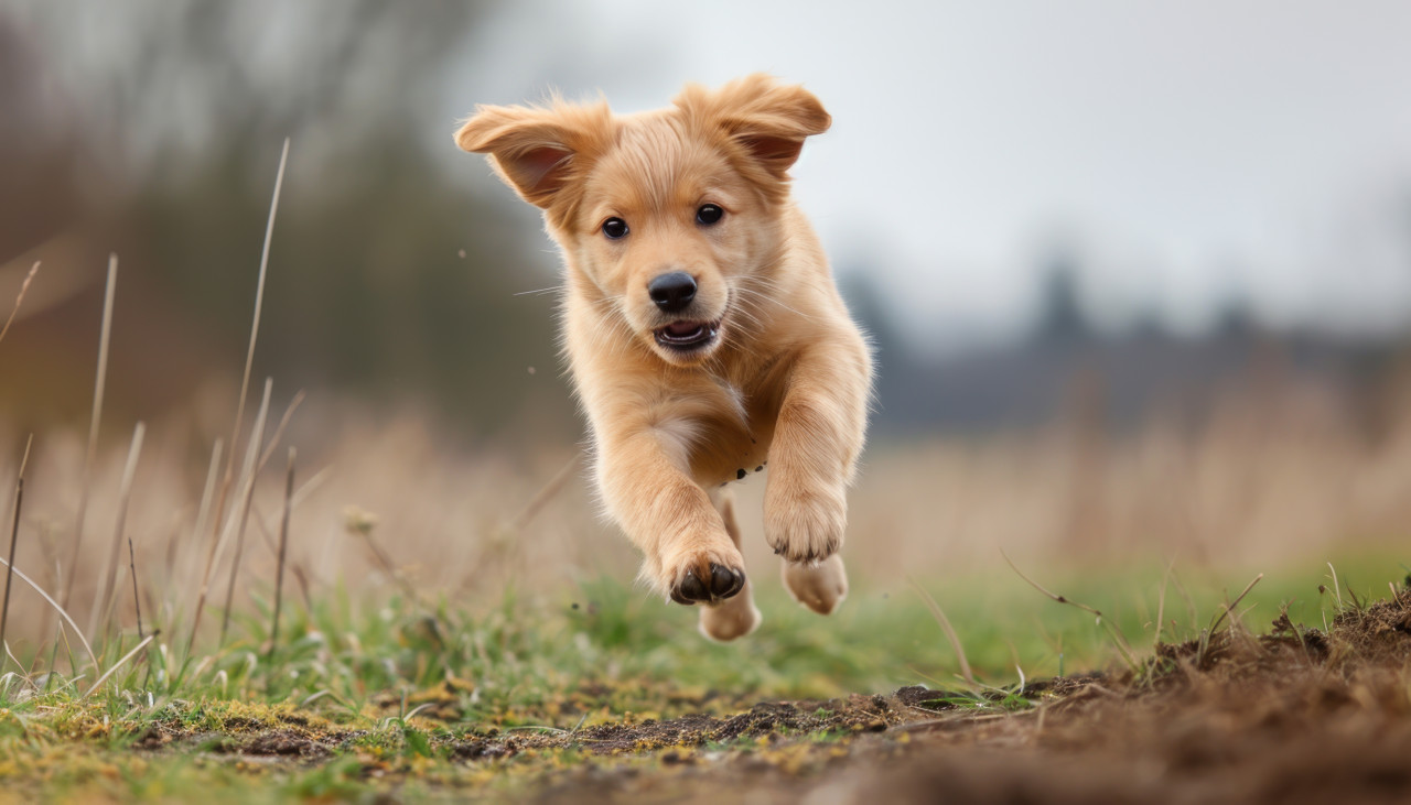 A lively puppy dashes through the picturesque countryside, baby animals concept