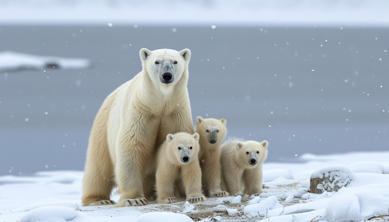 A polar bear with adorable cubs enjoys the snowy landscape near the water at the lake, baby animals concept