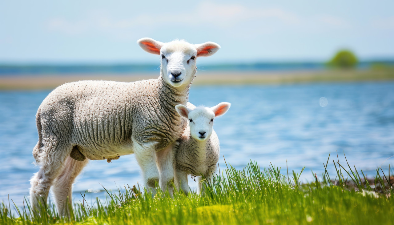 A young lamb and its mother grazing happily in lush green grass near a peaceful lake, baby animals photo