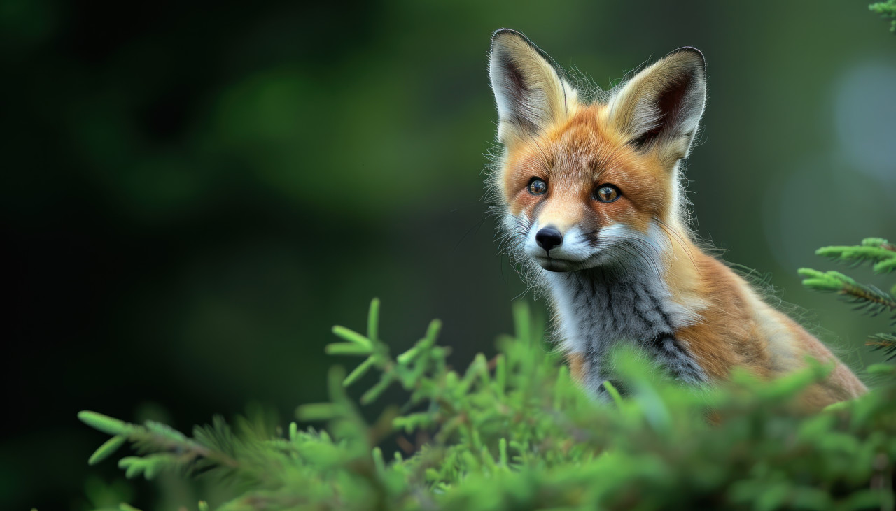 A curious red fox pup exploring the vibrant green forest with playful antics and innocence, baby animals photo