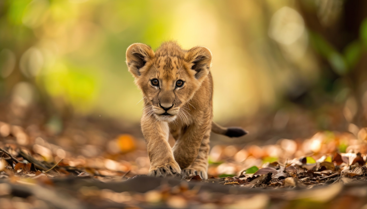 Adorable lion cub taking a leisurely walk in the vibrant forest, baby animals photo