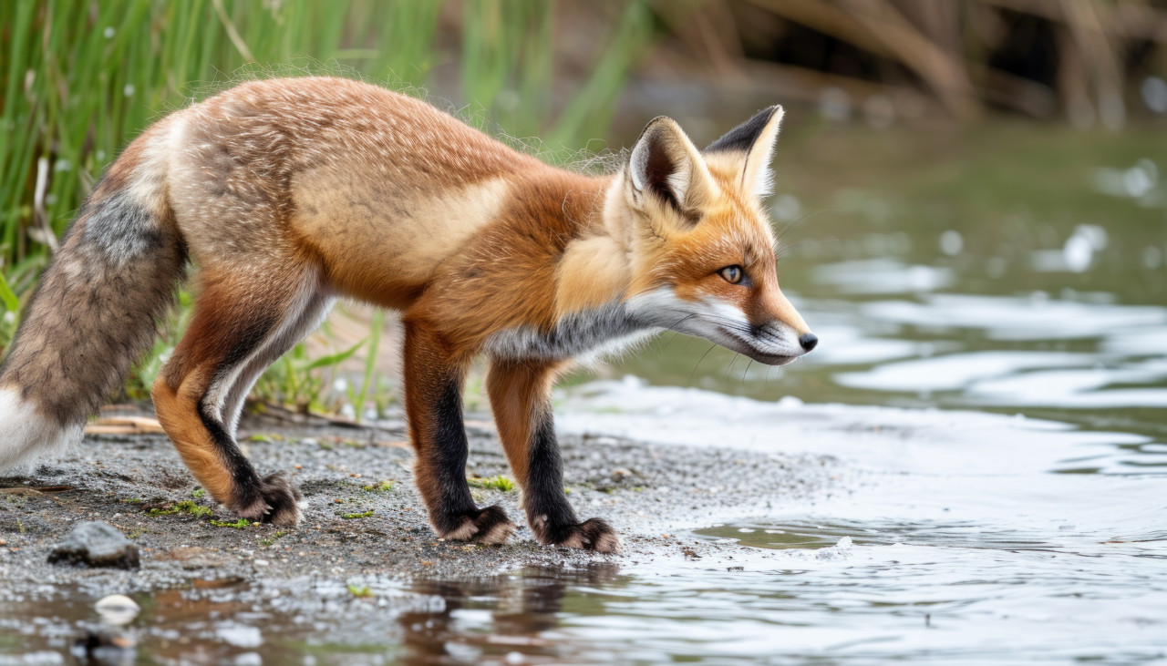 A red fox pup curiously ventures near the water edge at a tranquil lake, baby animals concept