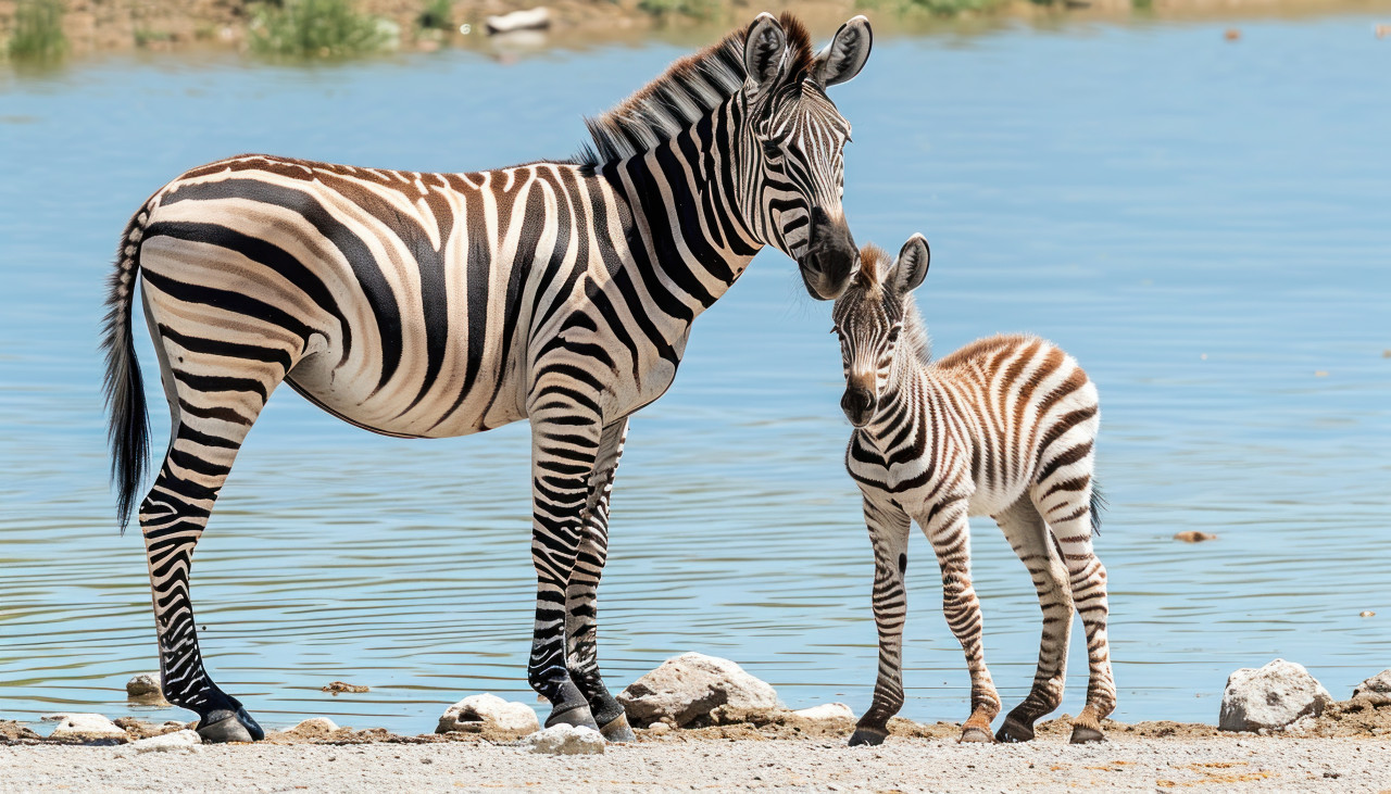 A mother zebra and her foal share a serene moment by the lake, baby animals concept