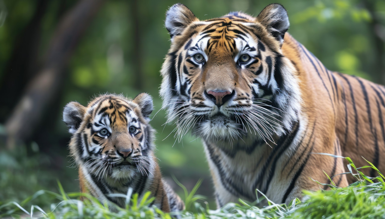 Mother tiger and cub in lush forest bonding in the green grass a beautiful moment in the wild, baby animals photo