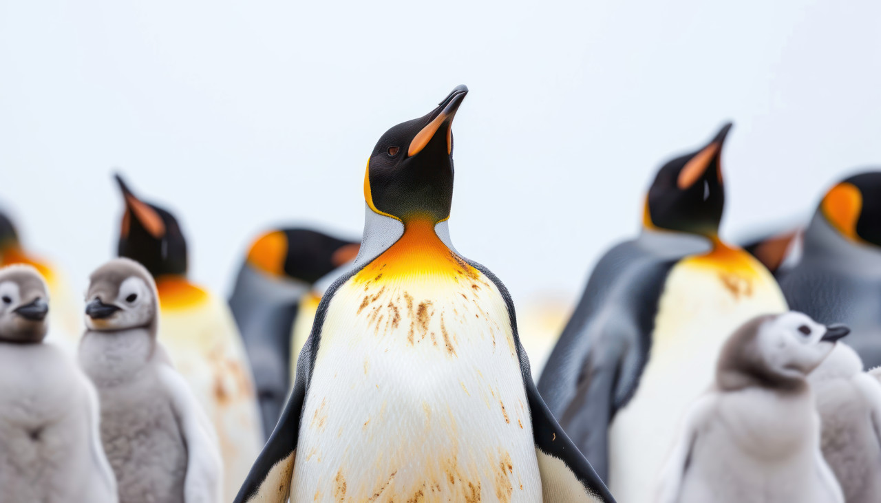 Majestic king penguin tending to cute chicks in the frozen landscape, baby animals concept