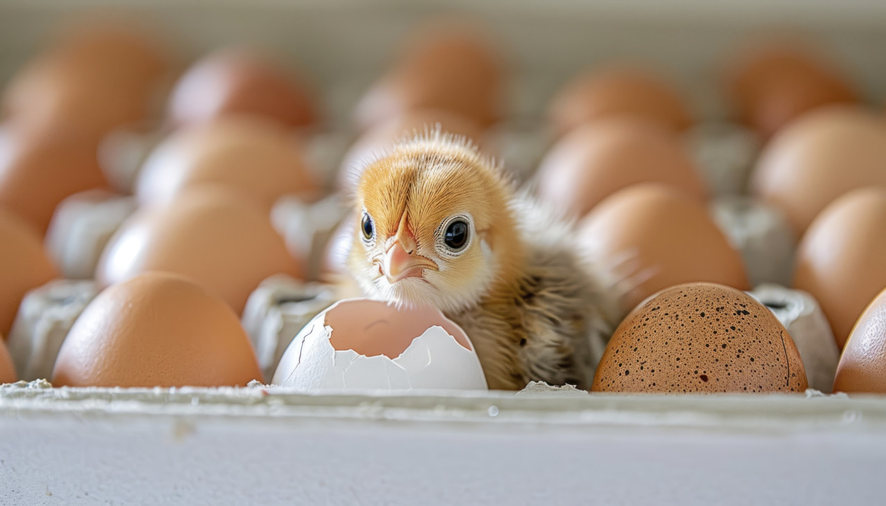 Exciting moment as a tiny chick breaks free from its egg on a tray, baby animals photo