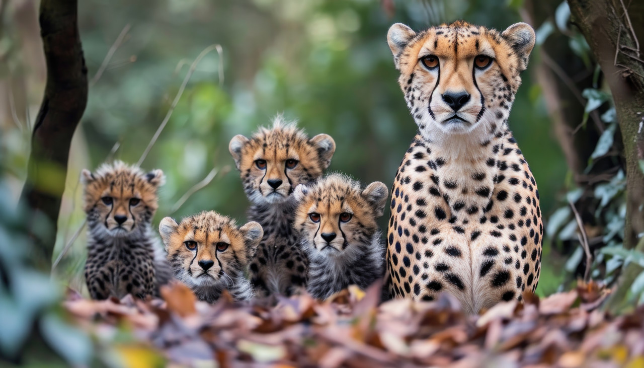 A cheetah and its young cubs share a playful moment in the forest, baby animals photo