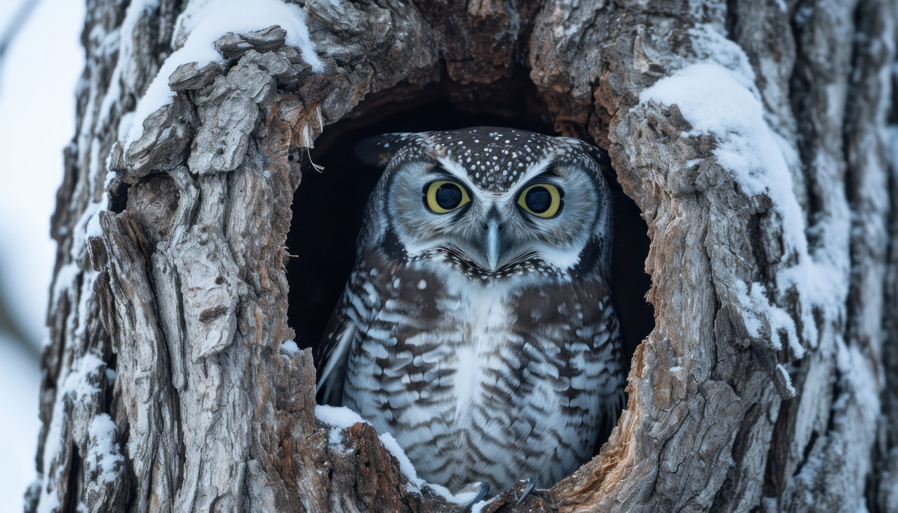 A watchful northern hawk owl gazes from a tree hollow, baby animals photo